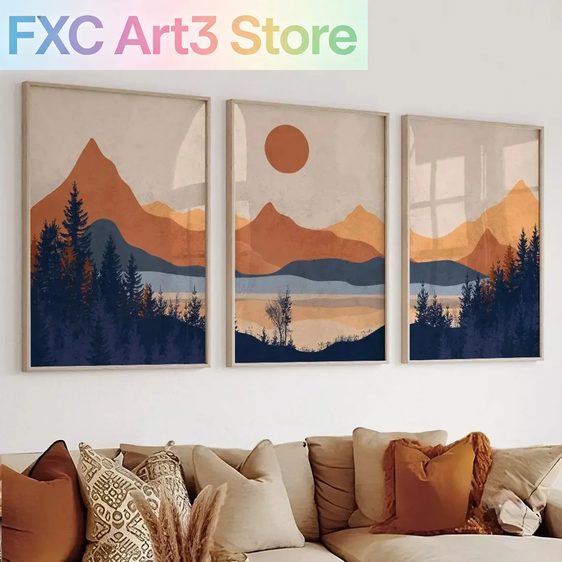 Abstract Canvas Set - 3pcs/Set frameless,Terracotta Blue Minimalist Landscape Abstract