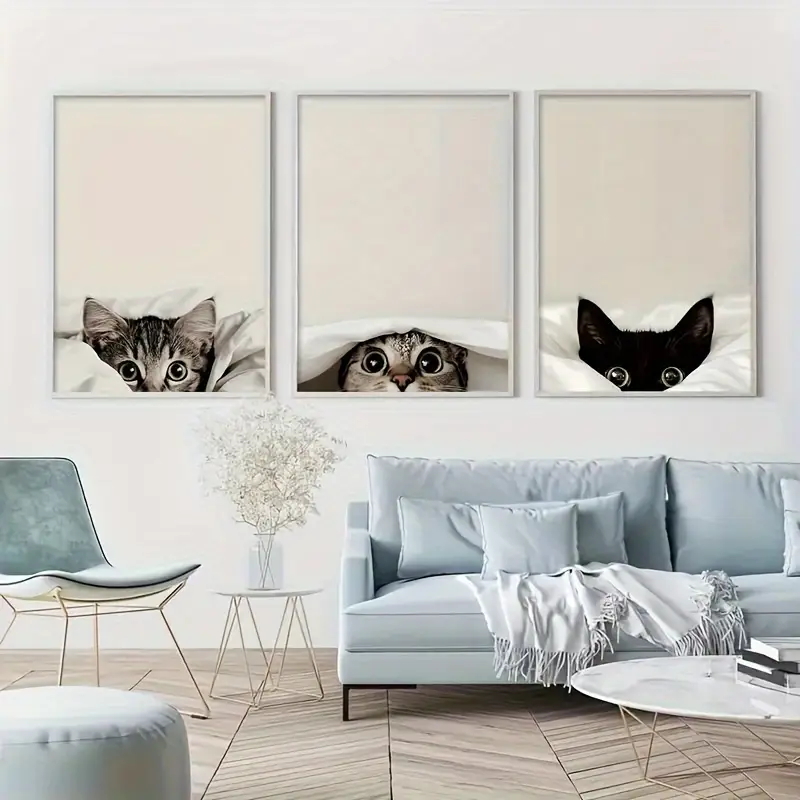 3PCS Peeking Cats Under The Bl - Abstract Canvas Set 评论和价格